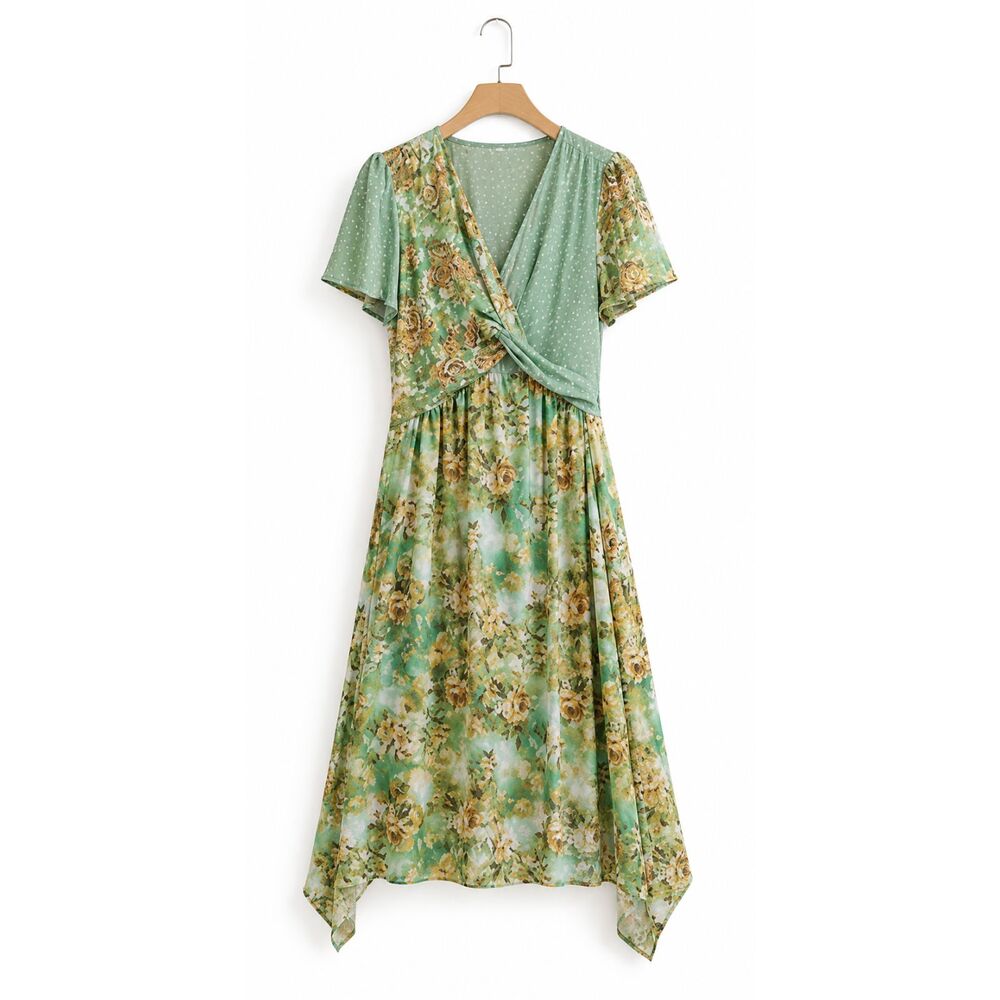 NWT GIGIO L 12 14 Green Floral Dot Twist Waist Asymmetrical Boho Chic Dress